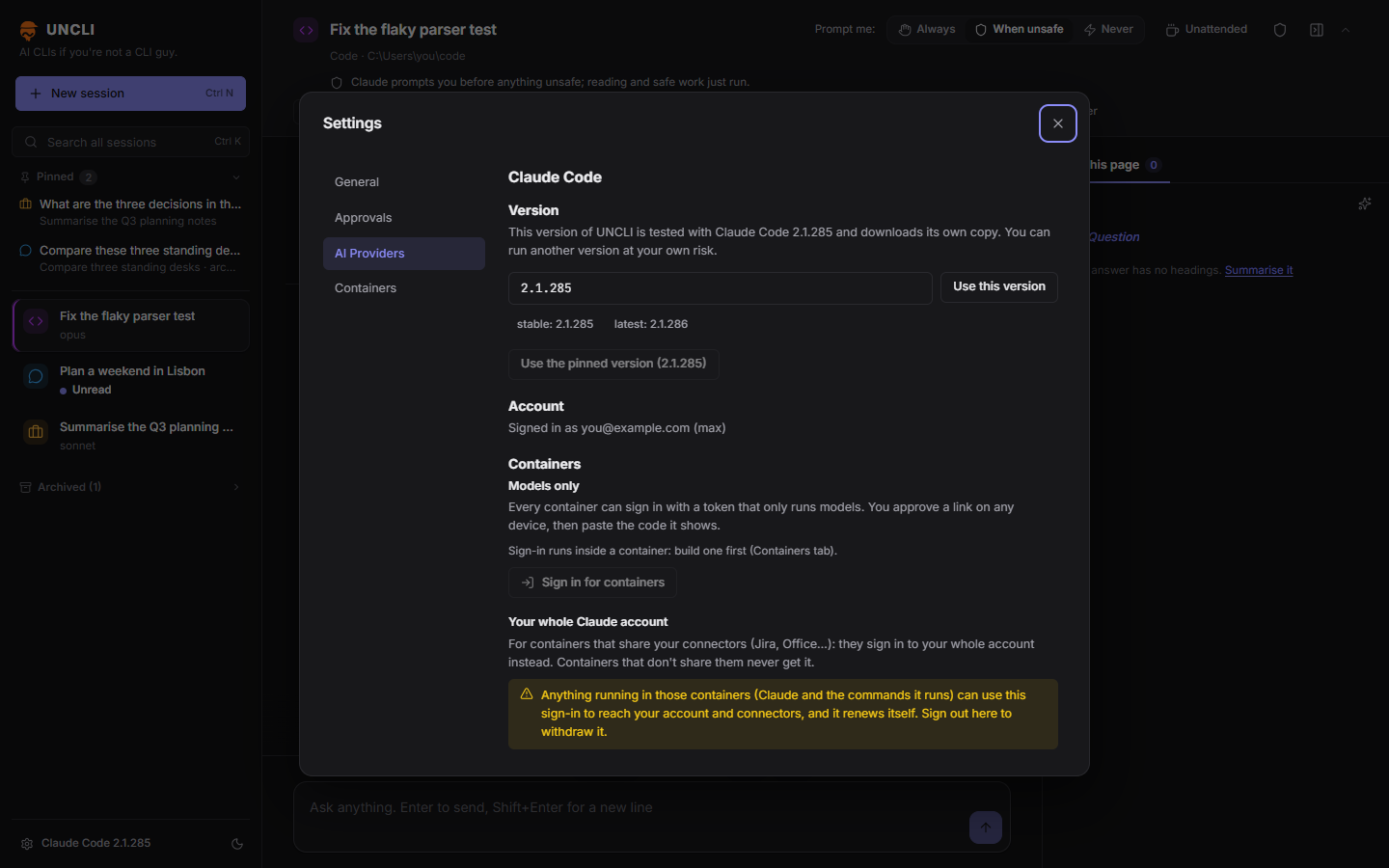Settings, AI Providers: Claude Code's pinned version, account, and sign-in for containers.